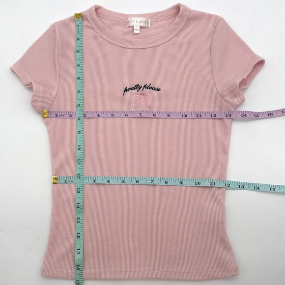 Riley James Ribbed T-Shirt Pretty Please Pink Bow Embroidered Top Short Sleeve S - Picture 3 of 6